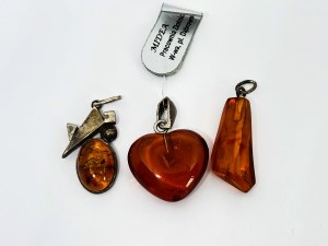 Set of 3 silver pendants with Amber