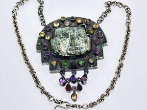 Silver Olmec necklace with Jade head and stones (Amethysts, Citrines, Garnets, etc)