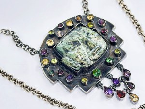 Silver Olmec necklace with Jade head and stones (Amethysts, Citrines, Garnets, etc)