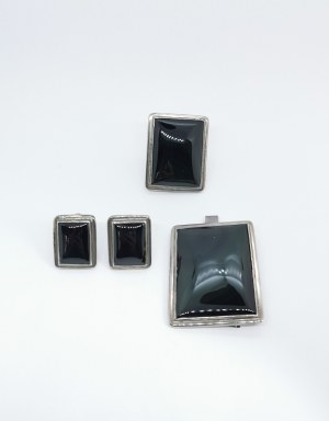 Obsidian ring, brooch/pendant and earrings set, 925 Silver