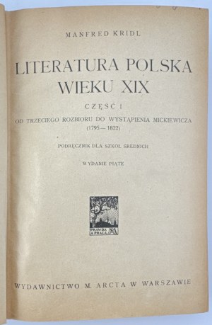 KRIDL Manfred - Polish literature of the 19th century - Warsaw 1931