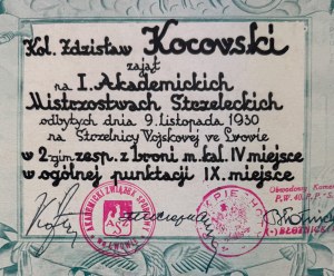 Diploma. I Academic Shooting Championships at the Military Shooting Range in Lviv. - Lviv 1930 [stamps P.W 40th Infantry Regiment].