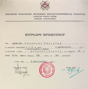 Sports Diploma. Shooting Competition of the Union of Reserve Officers Circle Lviv - Lviv 1931 [stamp Z.O.R. Circle Lviv].