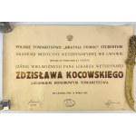 Zestaw dwóch pamiątek po Zdzisławie Kosowskim. Dyplom Uniwersytetu Lwowskiego im. Jana Kazimierza + Mianowanie Członkiem Honorowym Towarzystwa Bratnia Pomoc Studentów - Lwów 1930