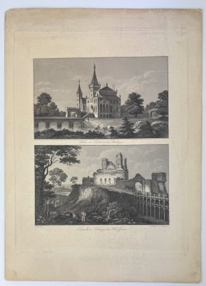 19th century copperplate engraving. View of the Palace in Zator, Galicia + the Castle in Ostrog, Volhynia. - rare, 34x24 cm]