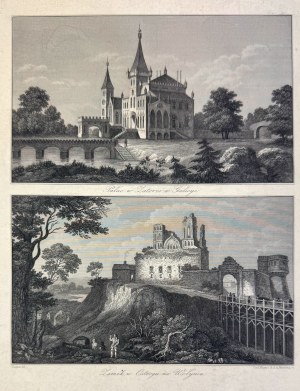 19th century copperplate engraving. View of the Palace in Zator, Galicia + the Castle in Ostrog, Volhynia. - rare, 34x24 cm]
