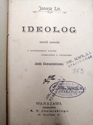 Lie Jonah - Ideologue - a Norwegian novel, Warsaw 1900