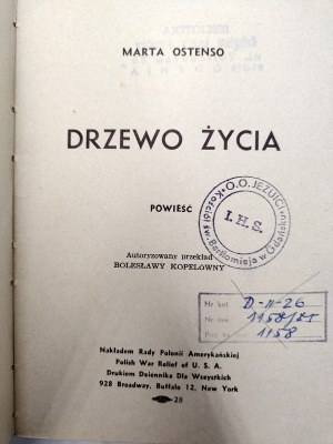Ostenso Marta - Tree of Life, Buffalo 12. N.Y, 1944 [ Polish American Seal ].