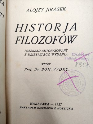 Jirasek Alojzy - History of philosophers, Warsaw 1927 [ Slavic Library ].
