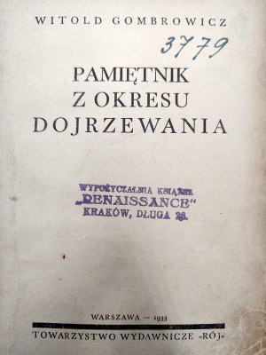 Gombrowicz Witold - Pamiętniki z okresu dojrzewania, Warsaw 1933 [ Writer's debut, first edition, first printing ].