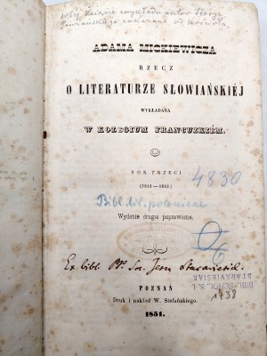 Mickiewicz Adam - Rzecz o literaturze Słowiańskiej - Poznań 1851