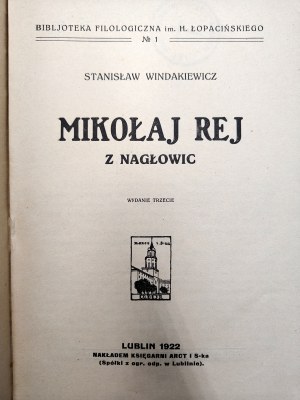 Windakiewicz Stanisław - Mikołaj Rej of Nagłowice, Lublin 1922