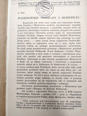 Tyc J. - Pushkin's translations of Mickiewicz, Cracow 1939 [ Dedication by the author ].