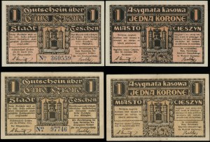 Těšín Silesia, set: 2 x 1 crown, 30.04.1919 and 25.10.1919