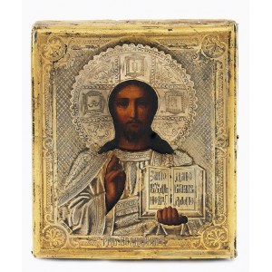 Ikona - Chrystus Pantokrator - „Wsiedierżitiel”, w okładzie srebrnym