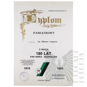 III RP - Dyplom Pamiątkowy z Okazji 180 lat KWK Niwka-Modrzejów dla Sławomira Cupryszaka.