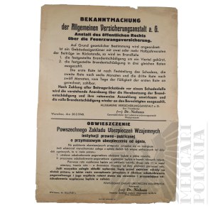 Third Reich - Announcement of the General Mutual Insurance Company of the Legal and Public Institution on Compulsory Fire Insurance. Warsaw District.