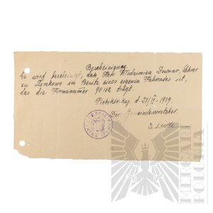 III Rzesza 1939r - Zaświadczenie o Posiadaniu Roweru przez Włodzimierza Downara. Piotrków Kujawski.