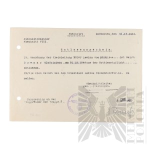 III Rzesza - Zaświadczenie z 30.12.1944 r. o Zwolnieniu z Obowiązku Służby Przymusowej Włodzimierza Downara. Modzerowo, Leslau (Włocławek)