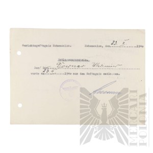 III Rzesza - Zaświadczenie o Zwolnieniu z Więzienia Włodzimierza Downara. - Hohensalza (Inowrocław)
