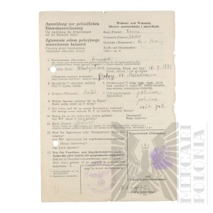 III Rzesza - Zgłoszenie Celem Policyjnego Stwierdzenia Ludności Włodzimierza Downara na nazwisko Władysław Knapik. - Rollensee (Skulsk) Konin - Stempel SS