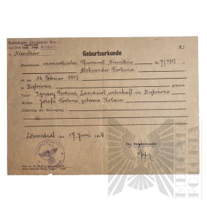 III Rzesza - Akt Urodzenia Aleksandra Fortuny. Niesułków (Łódź) Zgierski