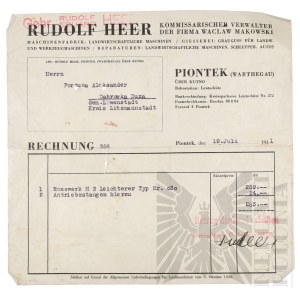 Third Reich - Bill from Rudolf Heer's Agricultural Machinery Factory Issued to Alexander Fortuna. Friday (Piontek).