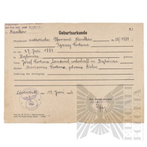 Third Reich - Birth certificate of Ignacy Fortuna. Niesułków.(Łódź) Zgierski