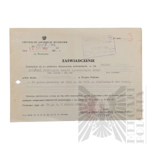 People's Republic of Poland - Certificate of the Central Military Archives for Felix Bożeński on his military service.