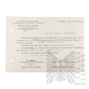 PRL - Zawiadomienie o Przyjęciu Pracy Magisterskiej do Obrony. Podpisane przez prof. Stefana Baleya (dot. Włodzimierza Downara). Warszawa