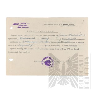 PRL - Certificate of Confirmation of Identity Issued by the Sędzin Municipality Board to Janina Downar.