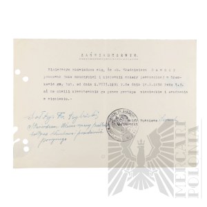 PRL - Zaświadczenie o Fakcie Osadzenia Włodzimierza Downara w Więzieniu przez Gestapo. Ruszkowo.