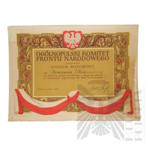 PRL - Dyplom Honorowy Ogólnopolskiego Komitetu Frontu Narodowego dla Włodzimierza Downara.