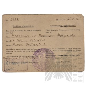PRL - Zaświadczenie Zarejestrowania Małgorzaty Brazewicz Wydane Przez Polski Komitet w Monachium.