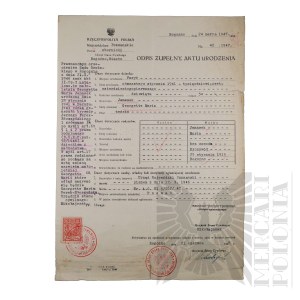 PRL - Complete copy of the Birth Certificate of Georgette Janasek (Błeszyńska) daughter of Brig. Gen. Jerzy Ferek-Błeszyński.