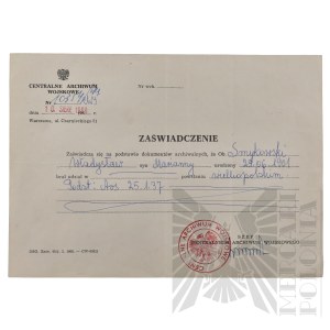 PRL - Certificate of Service of Wladyslaw Smykowski Greater Poland Insurgent.