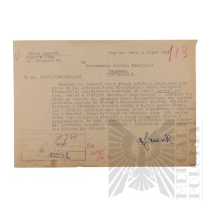 PRL - Pisma Marii Janasek do Państwowego Zakładu Emerytalnego w Sprawie Renty oraz Decyzja Odmowna (gen. bryg. Jerzy Ferek-Błeszyński).