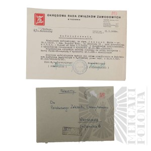 PRL - Zaświadczenie Okręgowej Rady Związków Zawodowych w Poznaniu dla Marii Janasek (gen. bryg. Jerzy Ferek-Błeszyński).