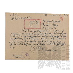 PRL - Certificate of the District Council of Trade Unions in Poznań for Maria Janasek (Brig. Gen. Jerzy Ferek-Błeszyński).