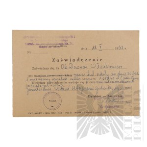 PRL - Orzeczenie Lekarskie Wraz z Wypowiedzeniem Stosunku Służbowego Włodzimierza Downara.