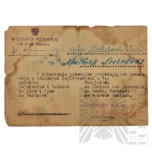 People's Republic of Poland - Letter from R.K.U. Malbork to Tadeusz Kadlubowski - Sending Legitimation for Decorations.