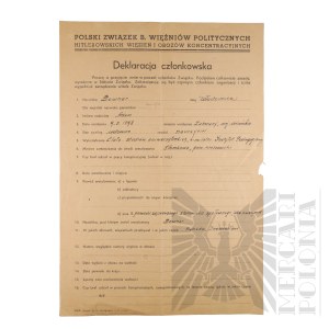 PRL - Deklaracja Członkowska Polskiego Związku B. Więźniów Politycznych Hitlerowskich Więzień i Obozów Koncentracyjnych Włodzimierza Downara.