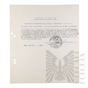 PRL - Certificate of Secret Teaching Conducted by Vladimir Downar during World War II.