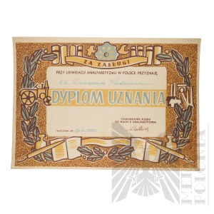 PRL - Diploma of Recognition for Merits in the Elimination of Illiteracy for Vladimir Downar.