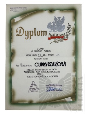 PRL - Diploma for Col. Slawomir Cupryszak from the Union of Fighters for Freedom and Democracy on the Occasion of the 40th Anniversary of the Rise of the People's Army of Poland.