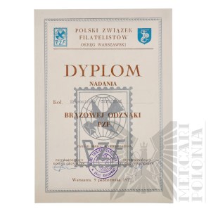 PRL - Diploma of Awarding the Bronze Badge of the Polish Philatelic Association.