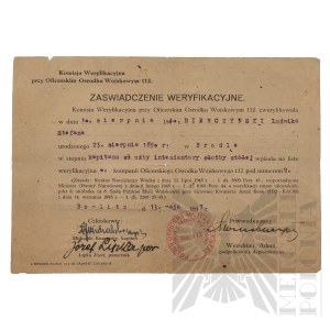 PSZnZ - Zaświadczenie Weryfikacyjne dla Ludwika Bierczyńskiego. Na Dokumencie Widnieje Pieczęć Oficerskiego Ośrodka Wojskowego nr 112 (Armia Renu).
