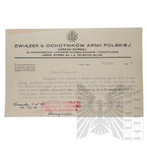 II RP - Letter from Wladyslaw Targalski to the Union of Former Polish Army Volunteers of the District Board for Lviv, Stanislawow and Ternopil Provinces. Lviv.
