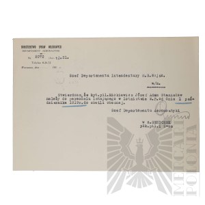 II RP - Letter from the Ministry of Military Affairs Aeronautics Department in the Case of Capt. Pilot Joseph Mickiewicz.