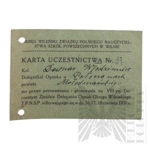 II RP - Karta Uczestnictwa Włodzimierza Downara w VIII-ym Zjeździe Delegatów Ognisk Okręgu Wileńskiego Z.P.N.S.P. . Wilno.